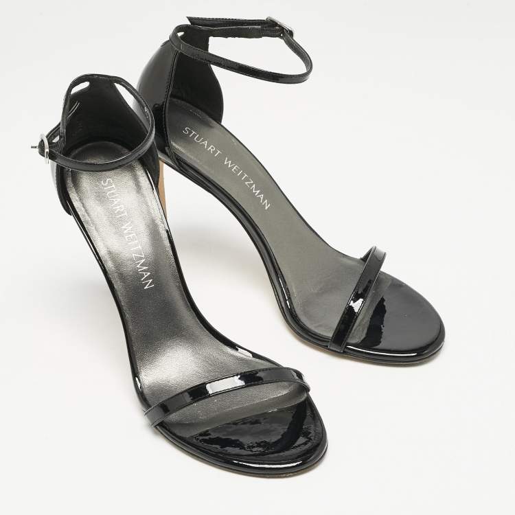 Pre Owned Stuart Weitzman Black Patent Leather Nudistsong Sandals Size 38.5