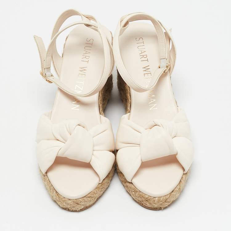 Pre Owned Stuart Weitzman Cream Leather Rosemarie Wedge Espadrille Sandals Size 37