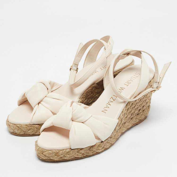 Pre Owned Stuart Weitzman Cream Leather Rosemarie Wedge Espadrille Sandals Size 37