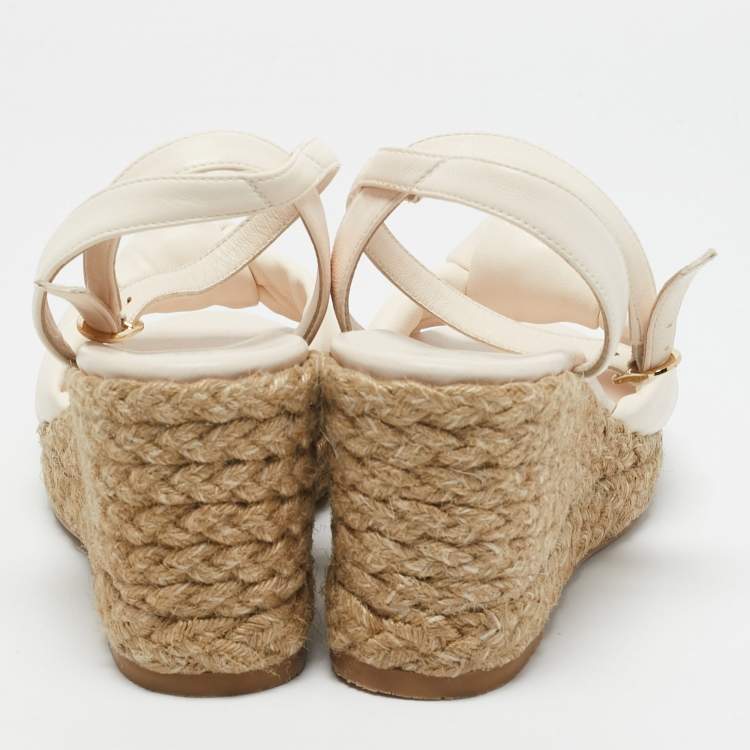 Pre Owned Stuart Weitzman Cream Leather Rosemarie Wedge Espadrille Sandals Size 37