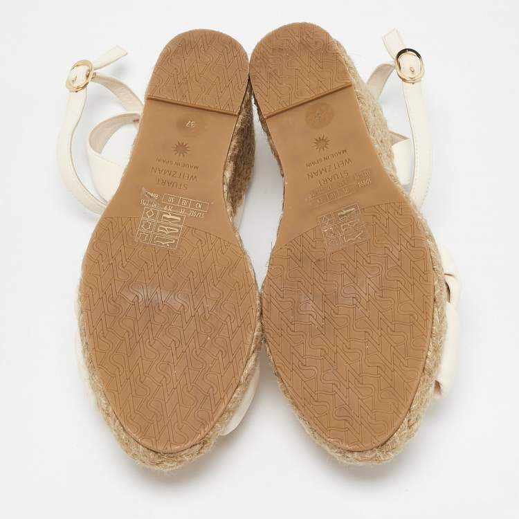 Pre Owned Stuart Weitzman Cream Leather Rosemarie Wedge Espadrille Sandals Size 37
