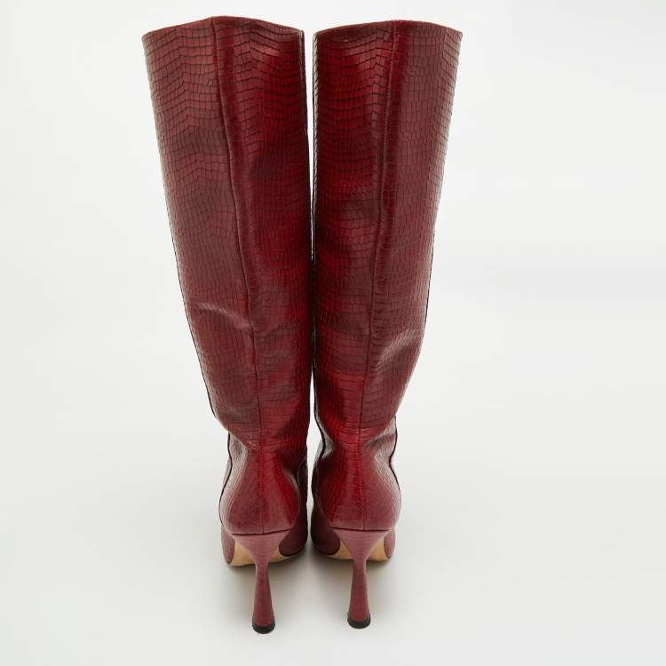 Pre Owned Stuart Weitzman Red Croc Embossed Leather Parton Knee Length Boots Size 40