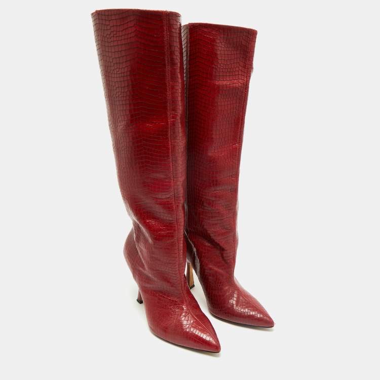 Pre Owned Stuart Weitzman Red Croc Embossed Leather Parton Knee Length Boots Size 40