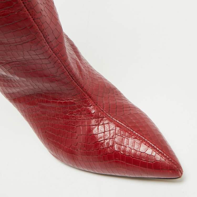Pre Owned Stuart Weitzman Red Croc Embossed Leather Parton Knee Length Boots Size 40