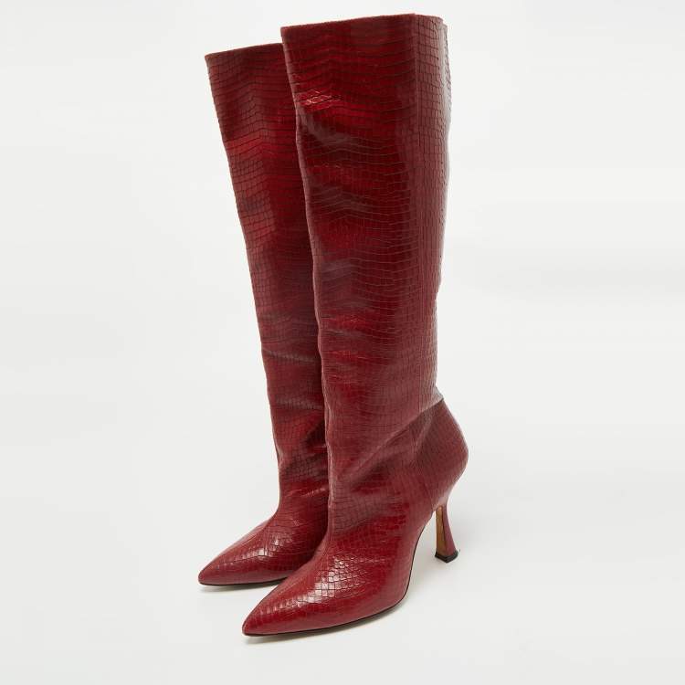 Pre Owned Stuart Weitzman Red Croc Embossed Leather Parton Knee Length Boots Size 40