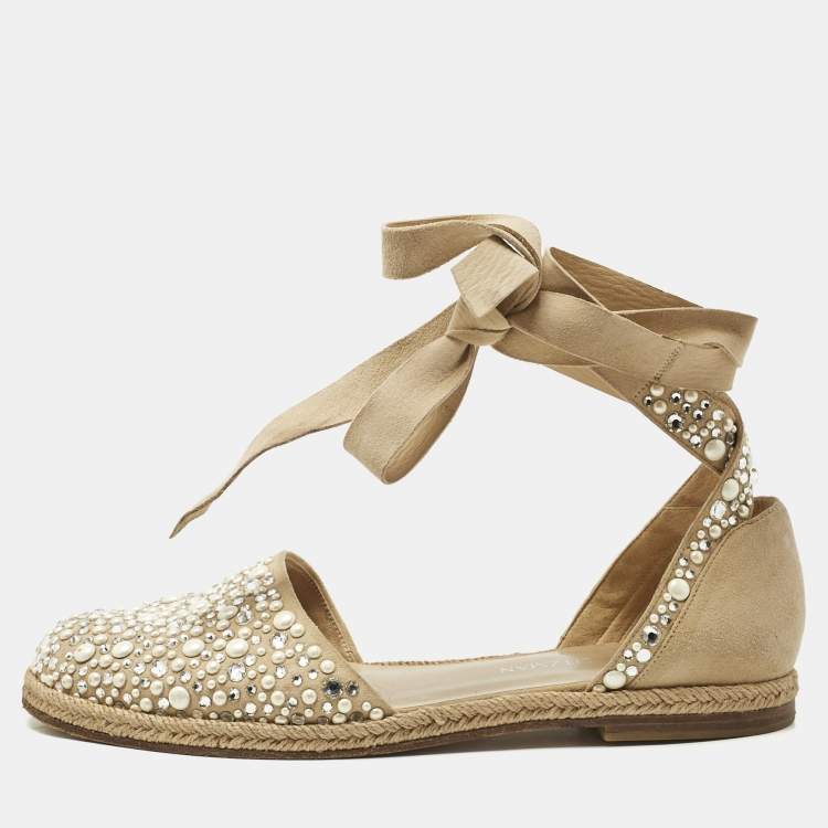 Pre Owned Stuart Weitzman Beige Suede Crystal Embellished Ankle Wrap Flat Espadrilles Size 41