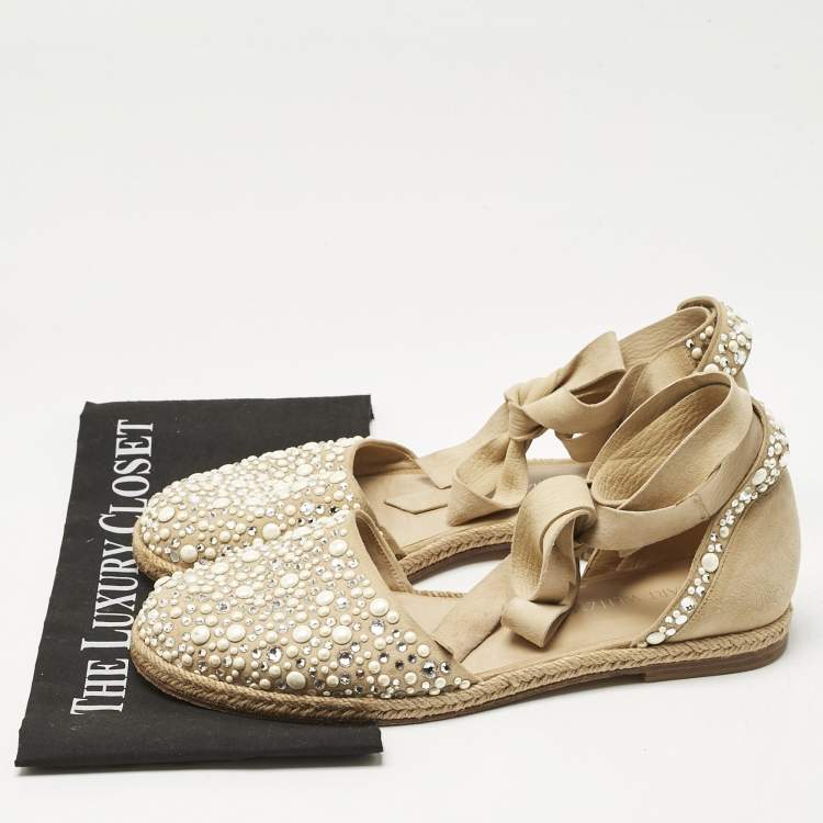 Pre Owned Stuart Weitzman Beige Suede Crystal Embellished Ankle Wrap Flat Espadrilles Size 41