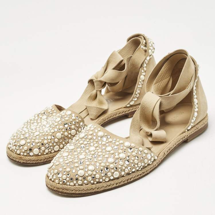Pre Owned Stuart Weitzman Beige Suede Crystal Embellished Ankle Wrap Flat Espadrilles Size 41