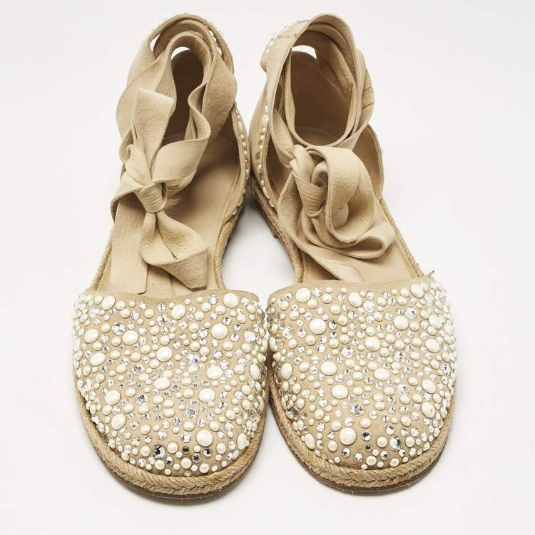 Pre Owned Stuart Weitzman Beige Suede Crystal Embellished Ankle Wrap Flat Espadrilles Size 41