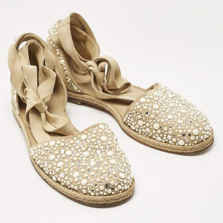 Pre Owned Stuart Weitzman Beige Suede Crystal Embellished Ankle Wrap Flat Espadrilles Size 41