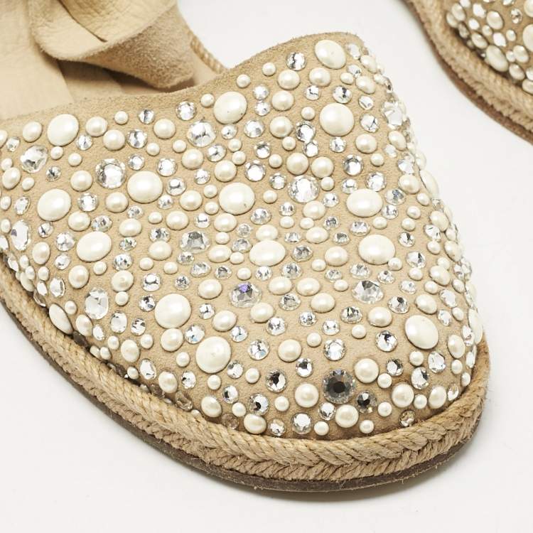 Pre Owned Stuart Weitzman Beige Suede Crystal Embellished Ankle Wrap Flat Espadrilles Size 41