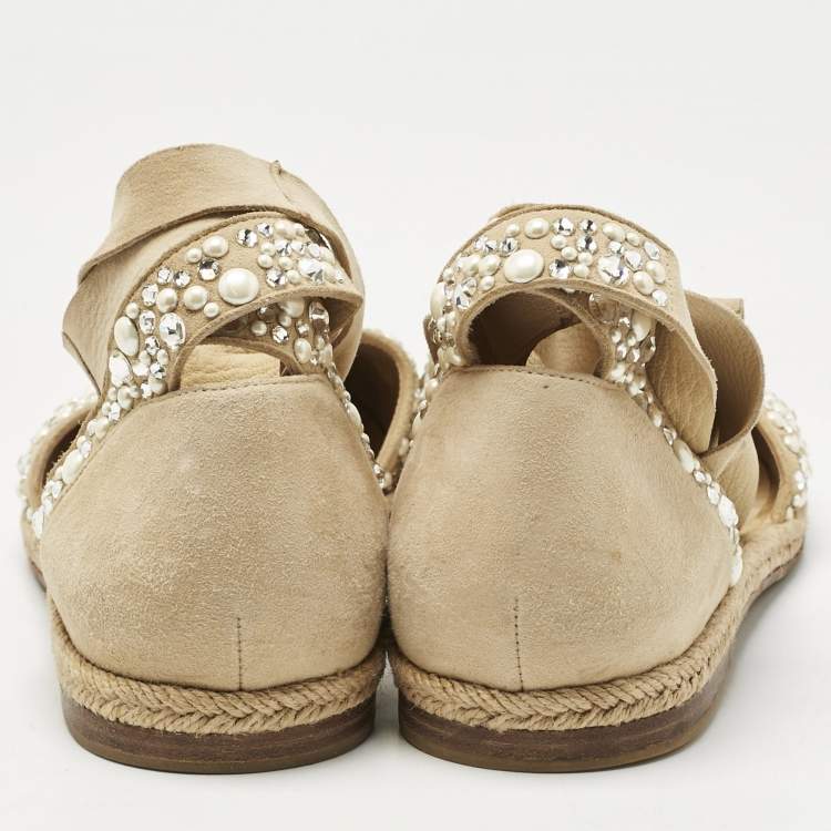Pre Owned Stuart Weitzman Beige Suede Crystal Embellished Ankle Wrap Flat Espadrilles Size 41