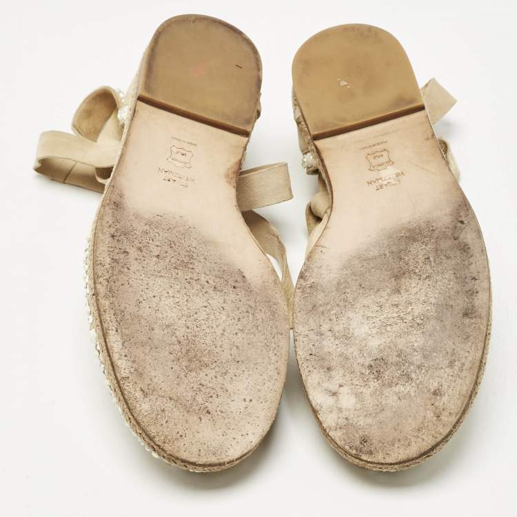 Pre Owned Stuart Weitzman Beige Suede Crystal Embellished Ankle Wrap Flat Espadrilles Size 41