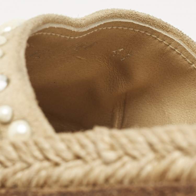 Pre Owned Stuart Weitzman Beige Suede Crystal Embellished Ankle Wrap Flat Espadrilles Size 41