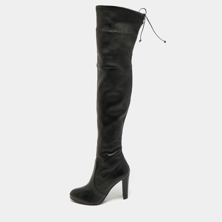 Pre Owned Stuart Weitzman Black Leather  Lowland Knee Length Boots Size 39