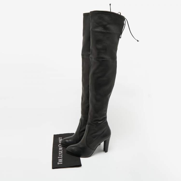 Pre Owned Stuart Weitzman Black Leather  Lowland Knee Length Boots Size 39