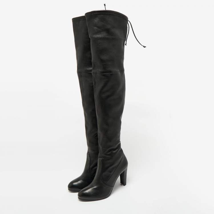 Pre Owned Stuart Weitzman Black Leather  Lowland Knee Length Boots Size 39