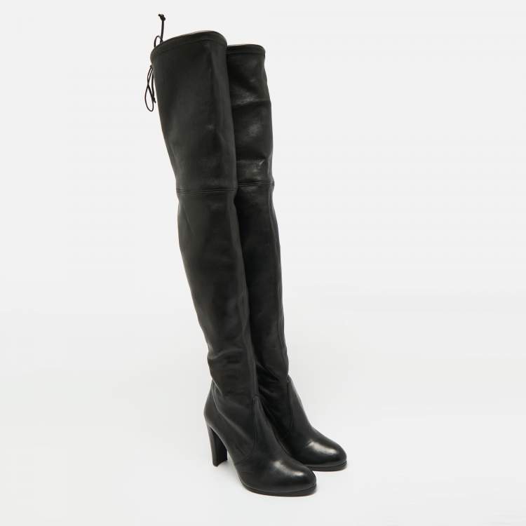 Pre Owned Stuart Weitzman Black Leather  Lowland Knee Length Boots Size 39
