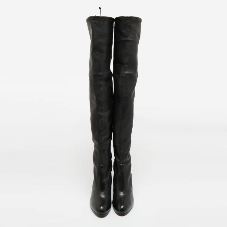 Pre Owned Stuart Weitzman Black Leather  Lowland Knee Length Boots Size 39