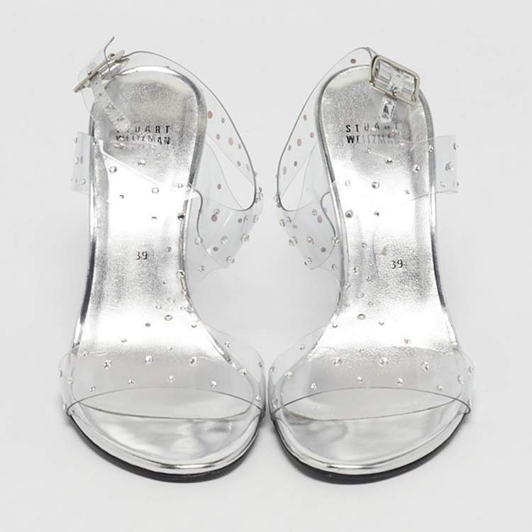 Pre Owned Stuart Weitzman Silver PVC Crystals Embellished T Strap Sandals Size 39