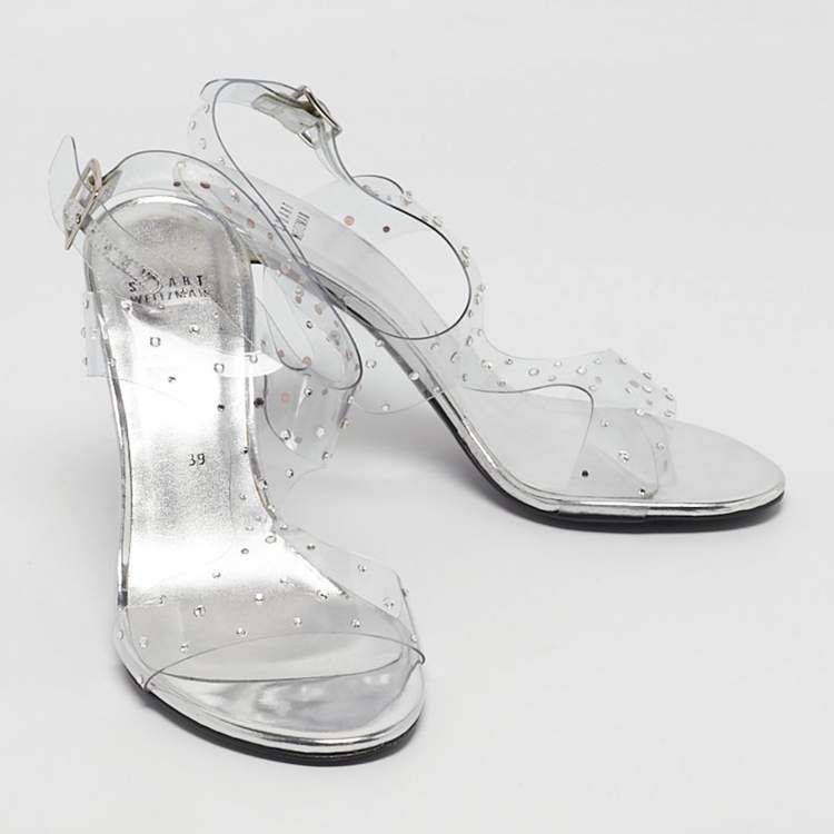 Pre Owned Stuart Weitzman Silver PVC Crystals Embellished T Strap Sandals Size 39