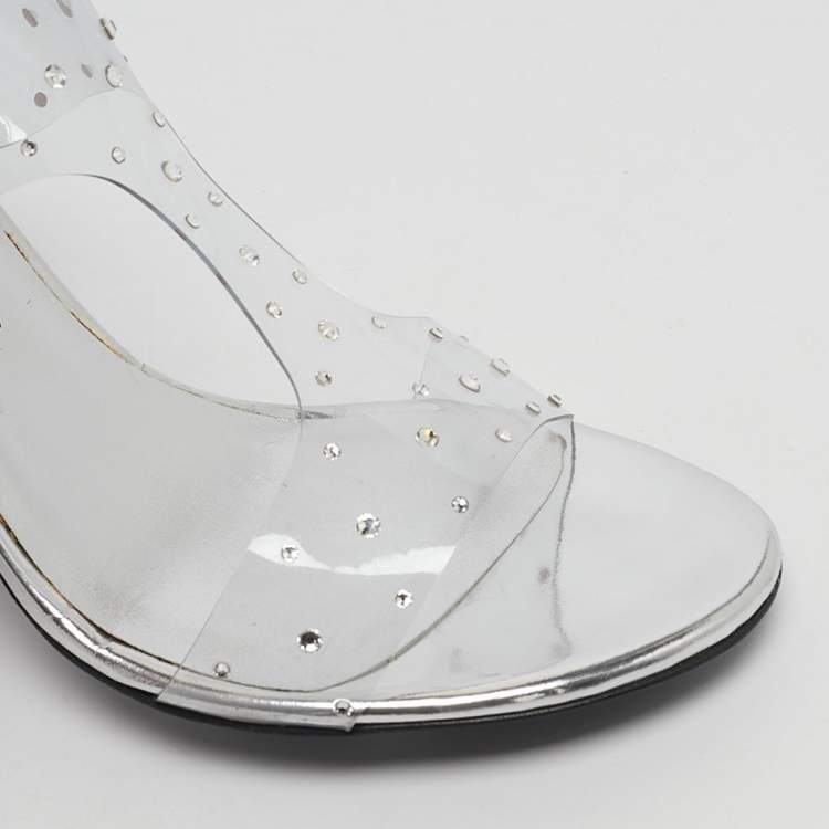 Pre Owned Stuart Weitzman Silver PVC Crystals Embellished T Strap Sandals Size 39