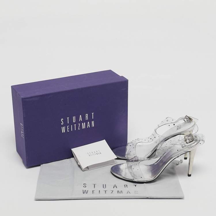 Pre Owned Stuart Weitzman Silver PVC Crystals Embellished T Strap Sandals Size 39
