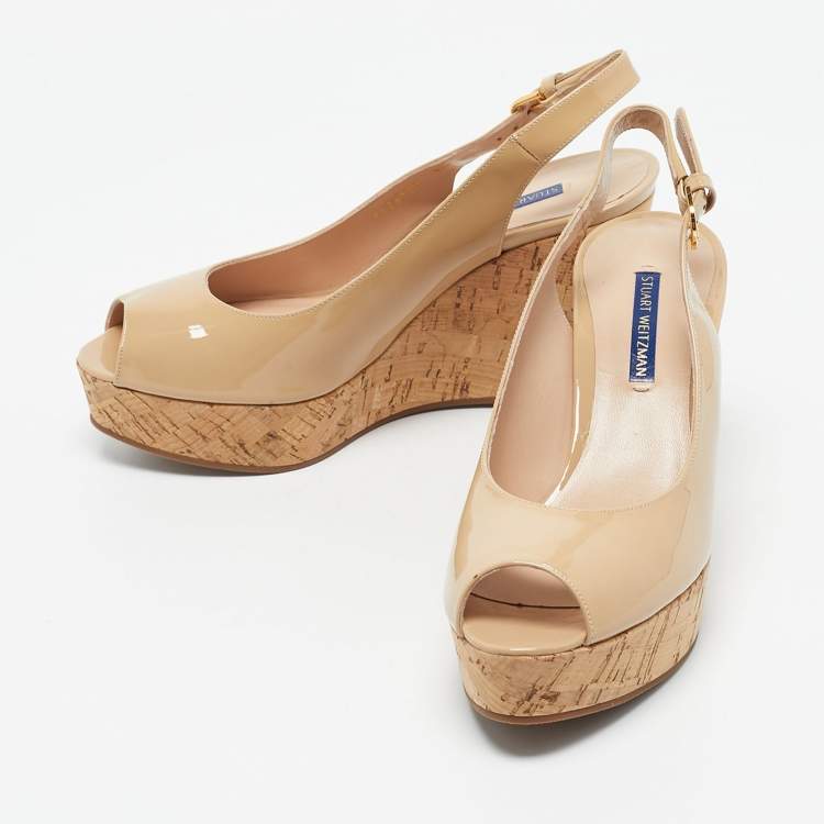 Pre Owned Stuart Weitzman Beige Patent Leather Jean Wedge Pumps Size 38.5