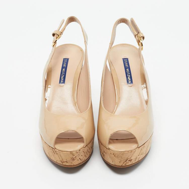 Pre Owned Stuart Weitzman Beige Patent Leather Jean Wedge Pumps Size 38.5