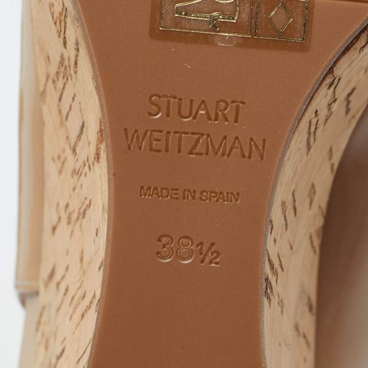 Pre Owned Stuart Weitzman Beige Patent Leather Jean Wedge Pumps Size 38.5