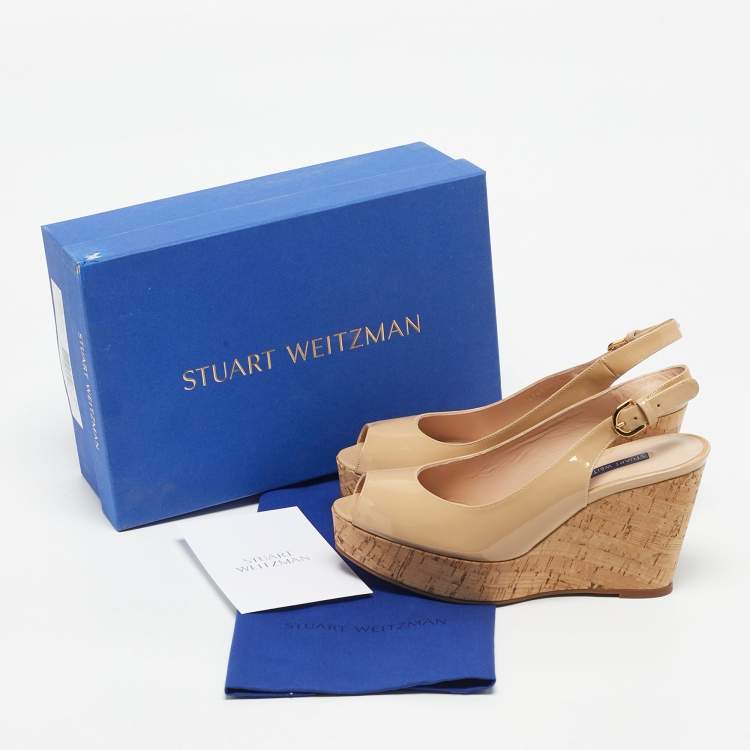 Pre Owned Stuart Weitzman Beige Patent Leather Jean Wedge Pumps Size 38.5