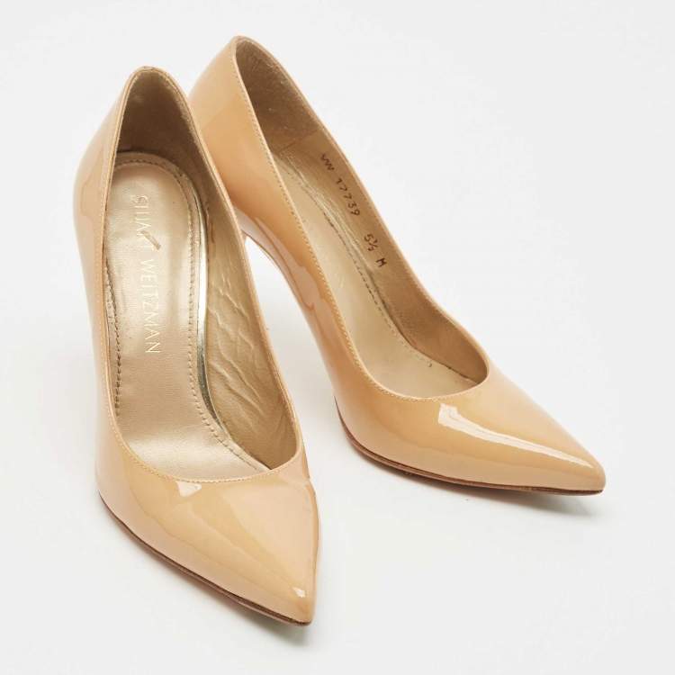 Pre Owned Stuart Weitzman Beige Patent Leather Pointed Toe Pumps Size 36