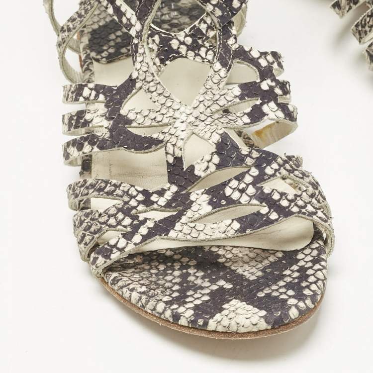 Pre Owned Stuart Weitzman Beige?Cream Snakeskin Embossed Leather Gladiator Flat Sandals Size 36