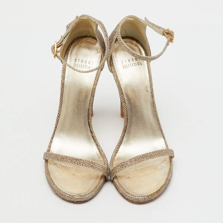 Pre Owned Stuart Weitzman Gold Metallic Lurex Fabric Nudist Ankle Strap Sandals Size 36.5