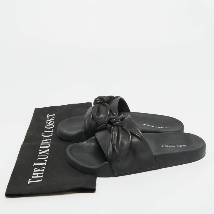 Pre Owned Stuart Weitzman Black Leather Bow Pool Slide Size 37.5