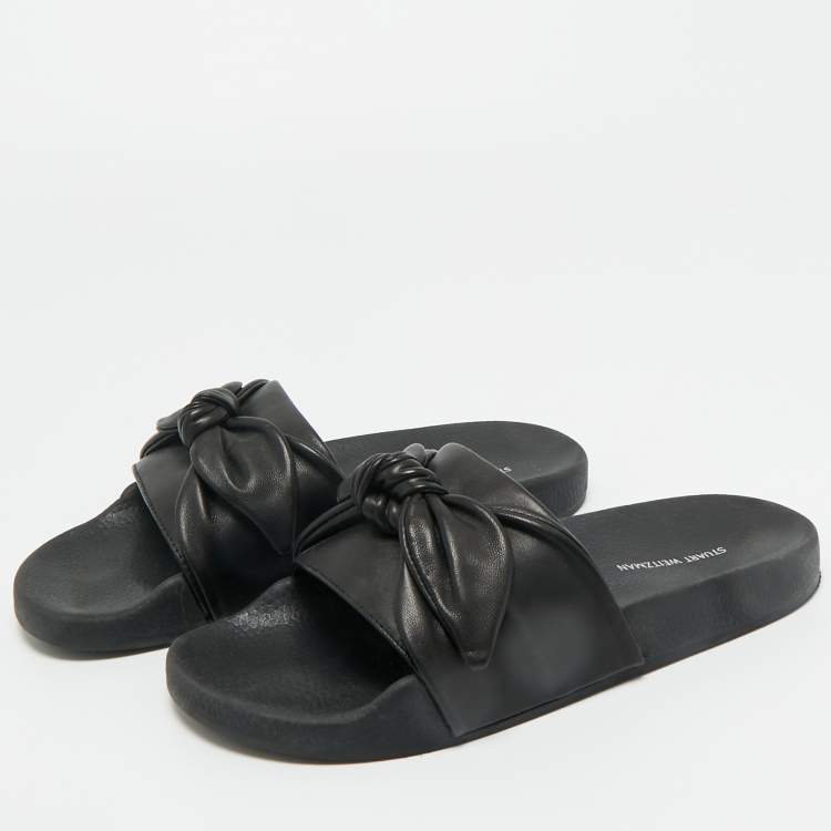 Pre Owned Stuart Weitzman Black Leather Bow Pool Slide Size 37.5