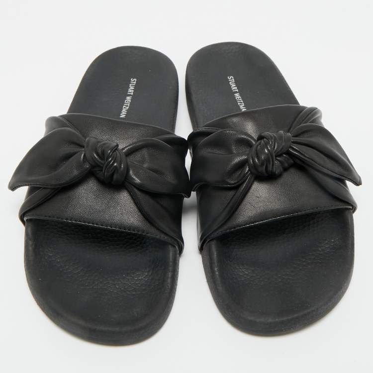 Pre Owned Stuart Weitzman Black Leather Bow Pool Slide Size 37.5