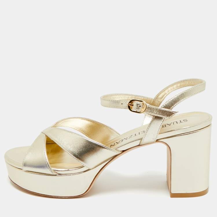Pre Owned Stuart Weitzman Gold Leather Carmen Platform Sandals Size 39.5