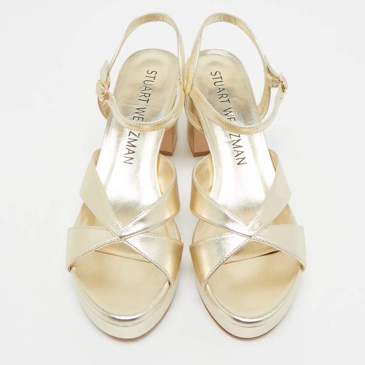 Pre Owned Stuart Weitzman Gold Leather Carmen Platform Sandals Size 39.5