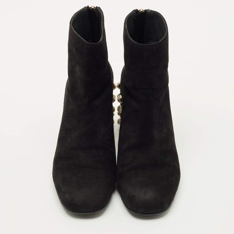 Pre Owned Stuart Weitzman Black Suede Faux Pearls Ankle Boots Size 37