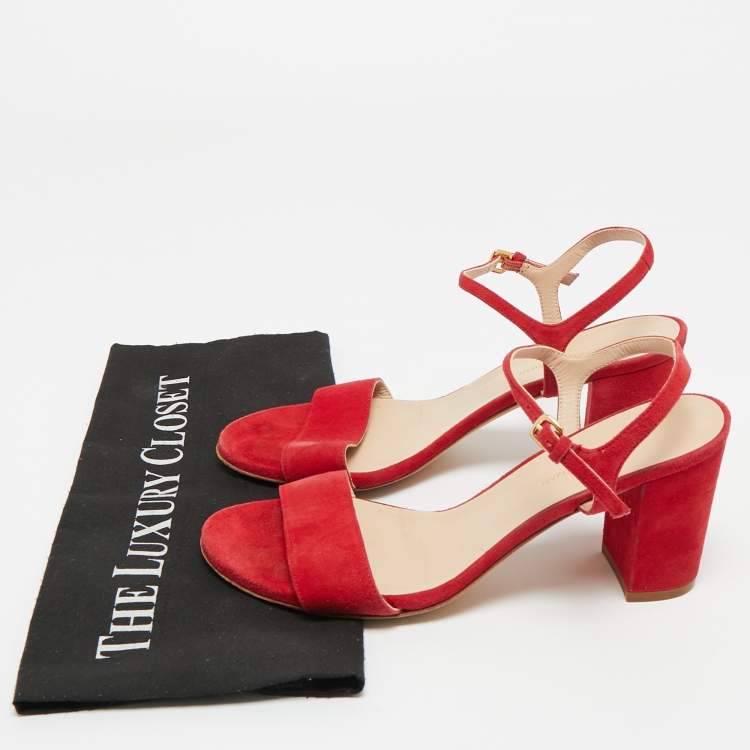 Pre Owned Stuart Weitzman Red Suede Nudist Ankle Strap Sandals 38.5