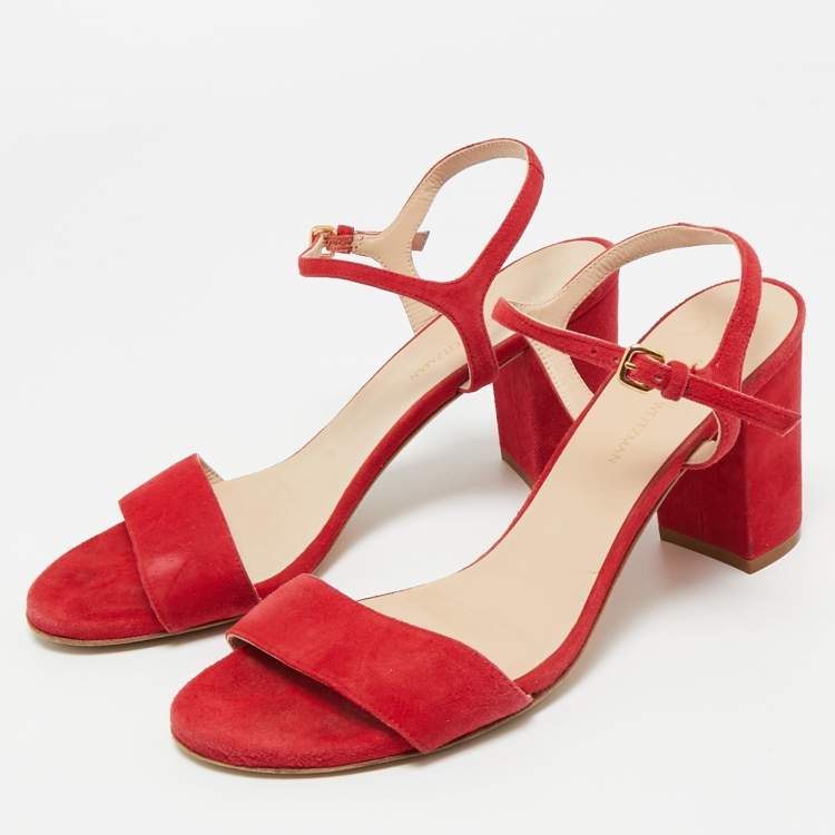Pre Owned Stuart Weitzman Red Suede Nudist Ankle Strap Sandals 38.5