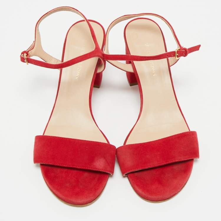 Pre Owned Stuart Weitzman Red Suede Nudist Ankle Strap Sandals 38.5