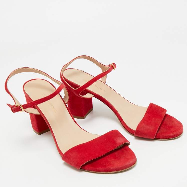 Pre Owned Stuart Weitzman Red Suede Nudist Ankle Strap Sandals 38.5