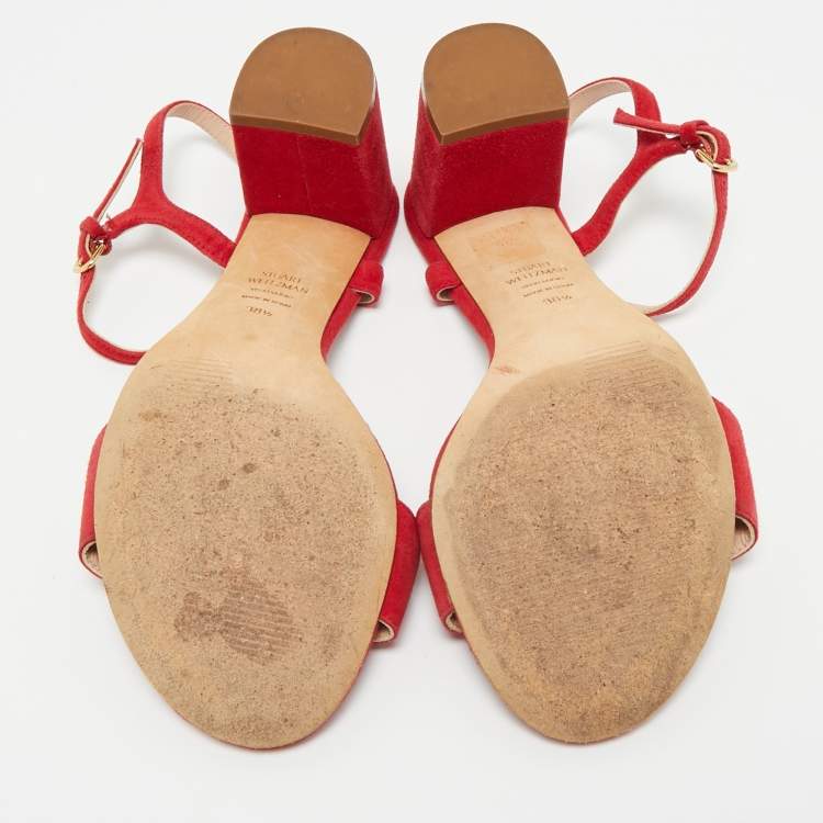 Pre Owned Stuart Weitzman Red Suede Nudist Ankle Strap Sandals 38.5