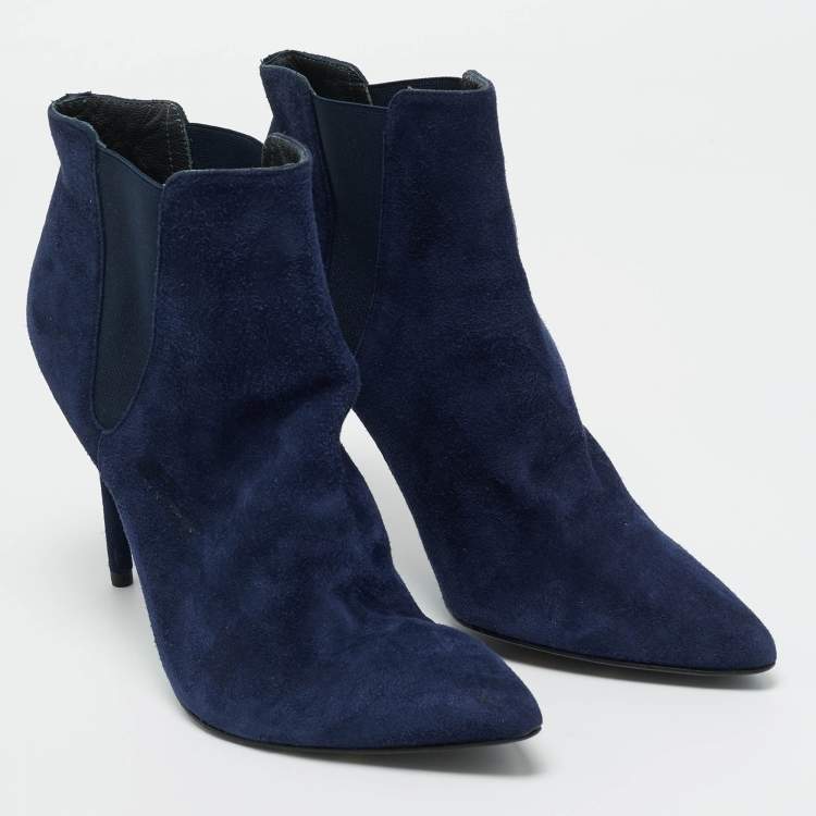 Pre Owned Stuart Weitzman Blue Elastic and Suede Ankle Length Boots Size 40