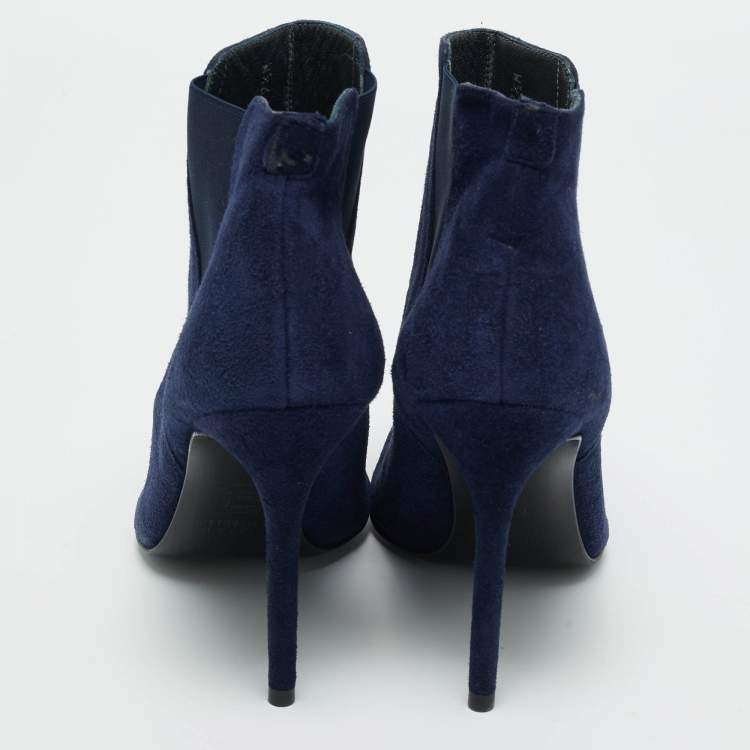 Pre Owned Stuart Weitzman Blue Elastic and Suede Ankle Length Boots Size 40