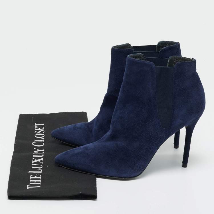 Pre Owned Stuart Weitzman Blue Elastic and Suede Ankle Length Boots Size 40