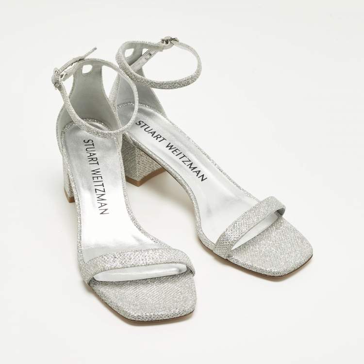 Pre Owned Stuart Weitzman Silver Glitter Nearlynude Sandals Size 40