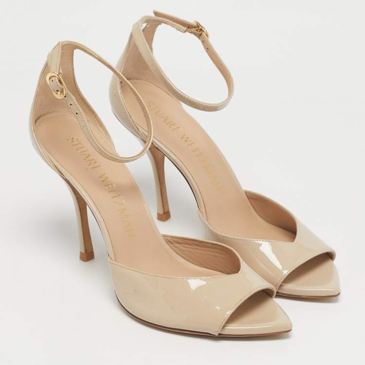 Pre Owned Stuart Weitzman Beige Patent Leather Nudistsong Ankle Strap Sandals Size 40